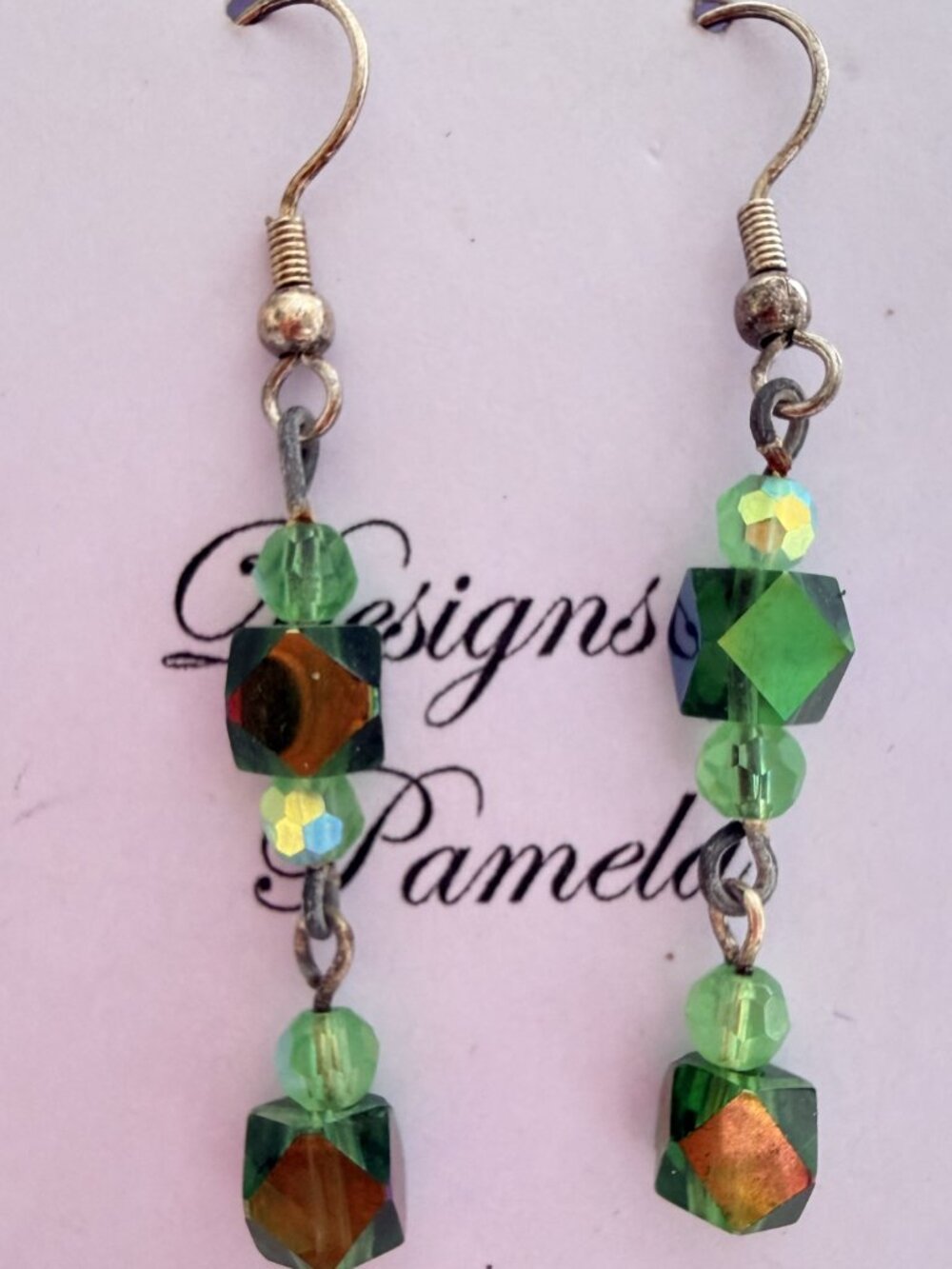 "Designs by Pamela" Handmade Earrings — Green Geometric Crystals  Add a vibrant